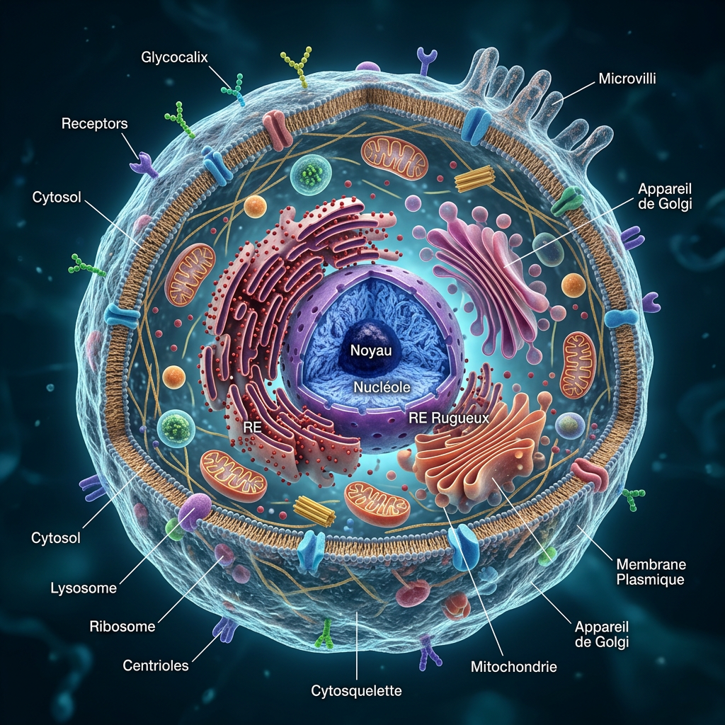 Cross-section of a eukaryotic cell showing nucleus, mitochondria, Golgi apparatus, lysosomes, ribosomes, cytoskeleton, and cell membrane with French labels