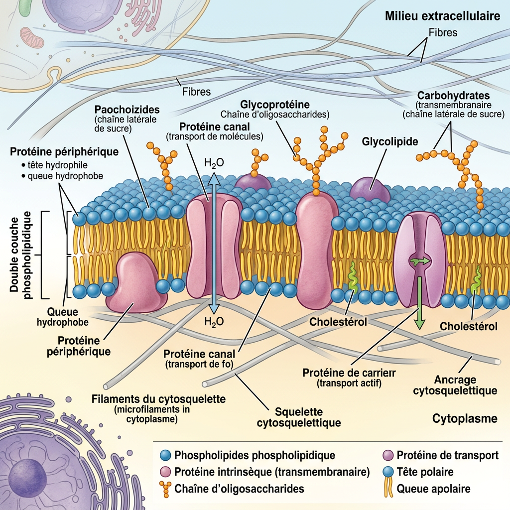 Diagram of cell membrane showing phospholipid bilayer with intrinsic and peripheral proteins, cholesterol, glycoproteins, glycolipids, and cytoskeletal filaments