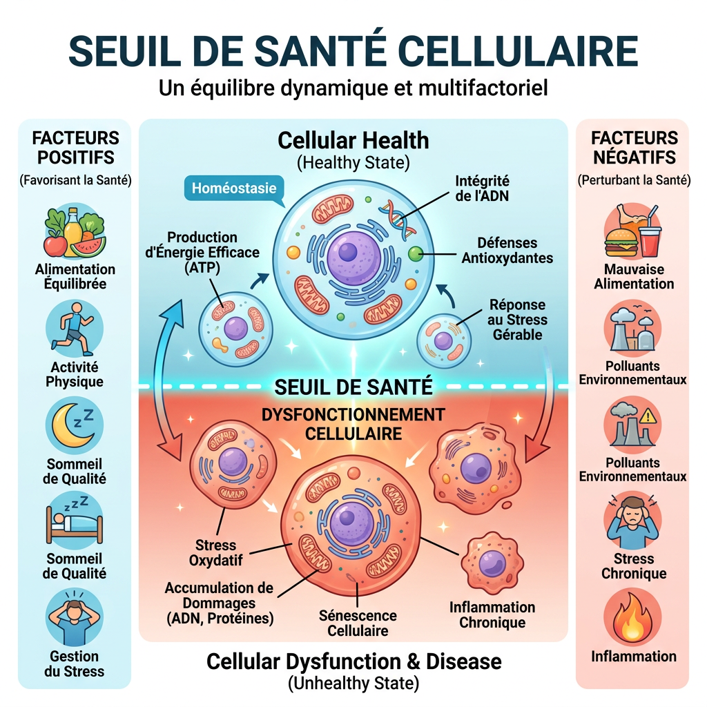 Diagram showing factors that promote or disrupt cellular health and their effects