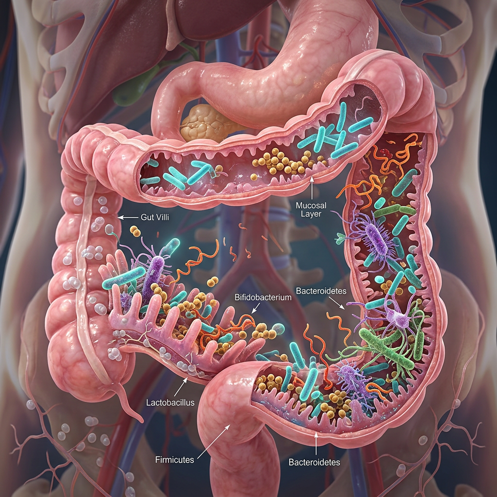 Cross section of human colon showing gut villi and diverse bacteria including Bifidobacterium, Lactobacillus, Firmicutes, and Bacteroidetes