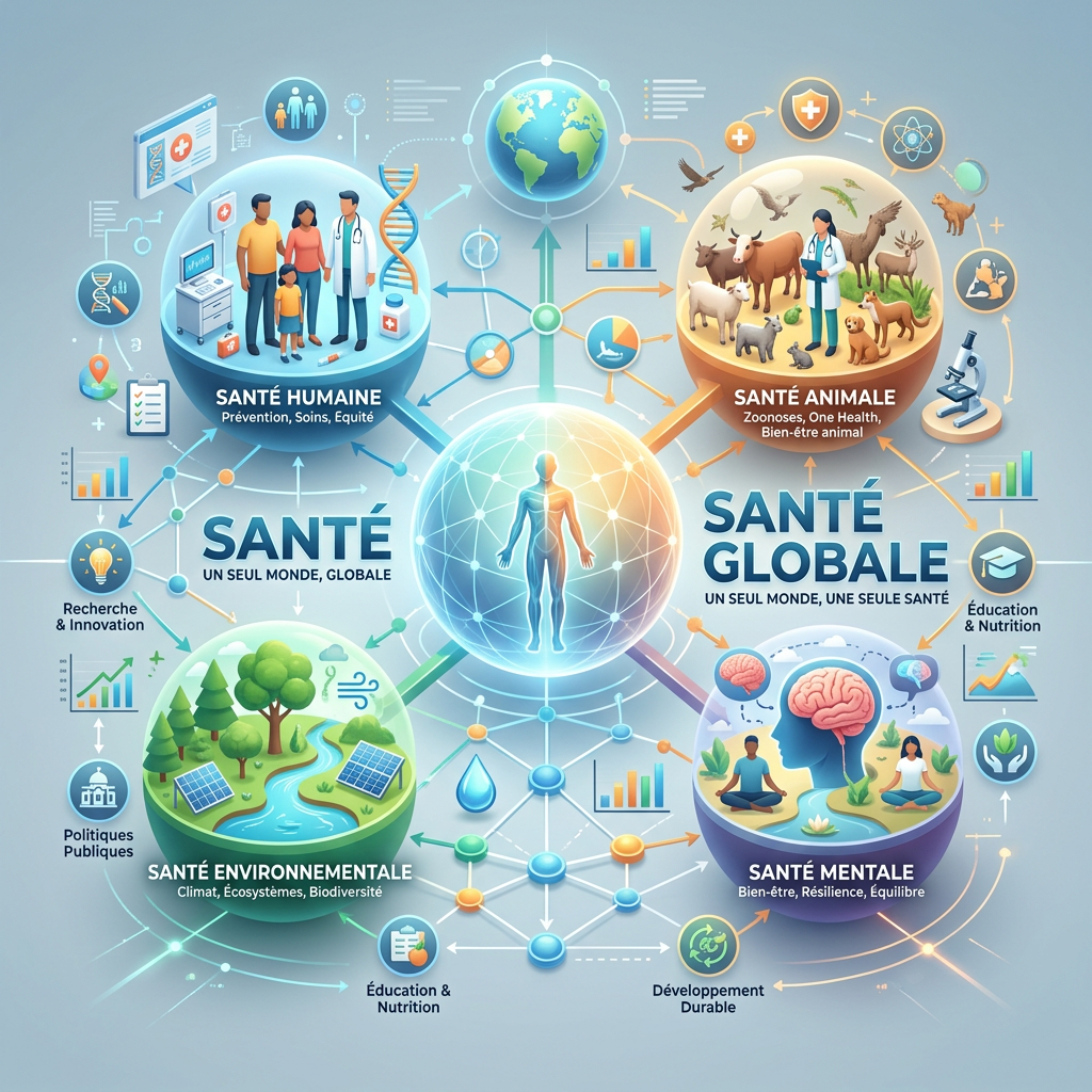 Diagram showing interconnected sectors of global health: human, animal, environmental, and mental health with icons and text in French
